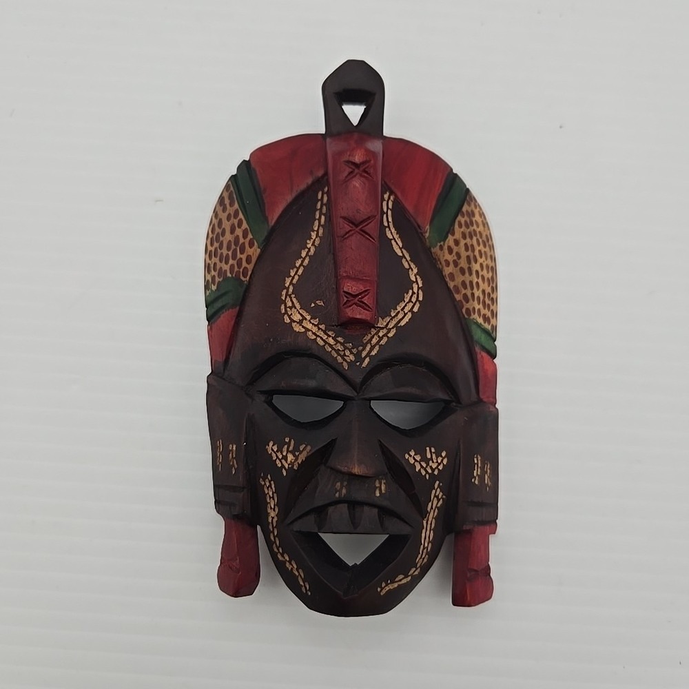 VTG African Tribal Carved Wood‎ Mask Wall Art Decor Red Brown Giraffe Accents 6"